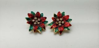 Vintage Christmas Red Green Poinsettia Clip Earrings With Rhinestone Accent