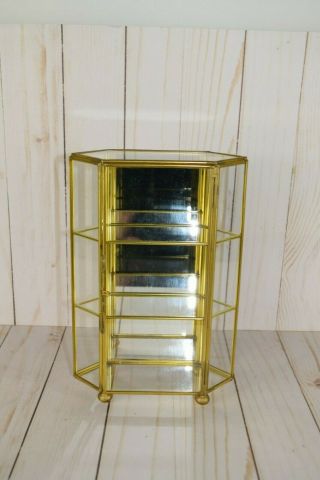 Vintage Brass Glass 3 Tier Mirrored Curio Miniatures Display Case Cabinet Shelf