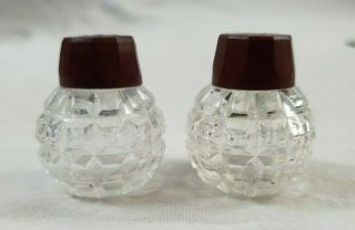 Vintage Glass Salt & Pepper Shakers Red Tops 1 3/4 " Tall Set Of 2