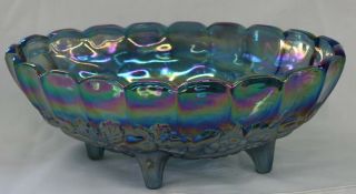 Vintage Blue Indiana Harvest Grape Carnival Glass Footed Oval Fruit Bowl