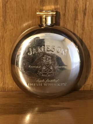 Vintage Jameson Irish Whiskey Small 3 " Dia Round Stainless & Brass Pocket Flask