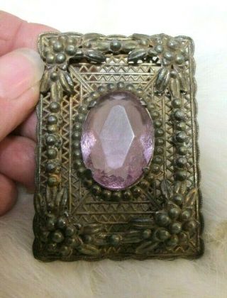 Vtg Victorian Rectangle Metal W Pink Center Stone Brooch Pin 2.  5 "