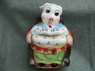 Vintage 1950s Japan Tilso Pig In Wheelchair Ceramic Treats Or Cookie Jar