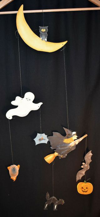 Vtg Halloween Paper Cutout Hanging Mobile - Owl On Moon Witch Jol Ghost Bat.