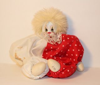 Vintage 7 1/2 " Clown Doll With Porcelain Face - Red & White Harlequin Suit