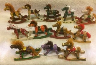 12 Vintage Wooden Rocking Horse Christmas Ornaments Yarn Or Fake Fur Tail & Mane