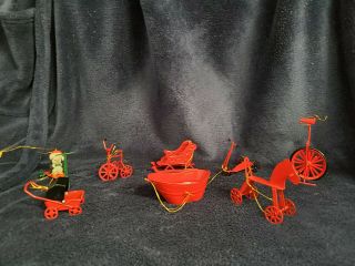 Vintage 8 Miniature Red Metal Christmas Ornaments Cycles Tub Buggy