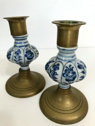 Set Of 2 Vintage Brass Porcelain Candlestick Holders Blue Floral White 4.  75 " H