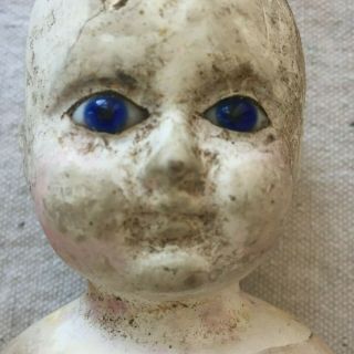 Antique Papier Mache Head Doll Blue Glass Eyes Wood Arms Hands And Leg