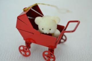 Avon Red Teddy Bear Christmas Ornament White Bears In Baby Buggy 3 Inch Vintage