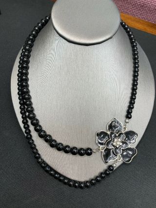 Vtg Glass Enamel Rhinestone Flower Bead Layered 2 Strand Necklace Black Clear