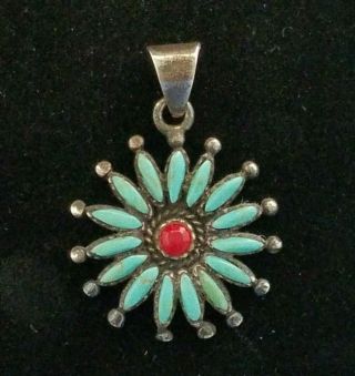 Vintage Zuni Needlepoint Turquoise & Coral Sterling Silver Flower Sun Pendant
