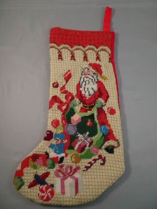Vtg Handmade Needlepoint Christmas Stocking Santa With Sack & Presents Hangs 13 "