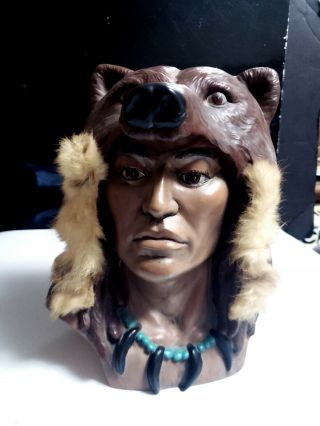 Vtg Provincial Mold Grizzly Spirit Native American Warrior W/bear Headdress Bust