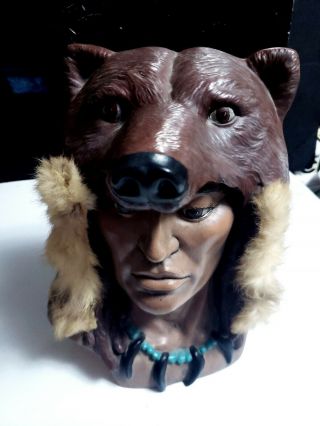 Vtg Provincial Mold Grizzly Spirit Native American Warrior w/Bear Headdress Bust 3