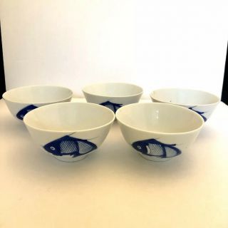 Set Of 5 Vintage Rice Bowls Blue And White Koi Fish Design Made In China