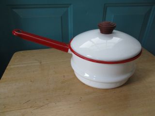 Vintage White Enamelware Pan Or Sauce Pan With Lid And Red Trim Bakelite Handle
