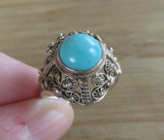 Vintage Turquoise Sterling Silver Ring With Filigree Design Size 7 6 - D3195