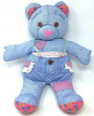 Tyco Doodle Pets Blue Pink Denim Look Teddy Bear Vtg 1990s Plush Toy 21” Large