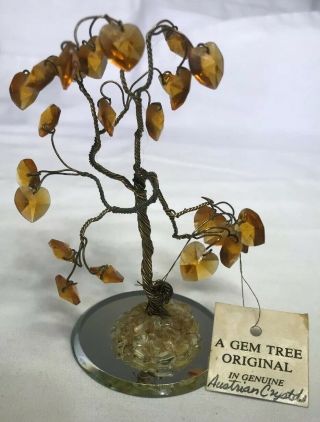 Vintage Topaz Autrian Crystal Gem Tree,  24kt.  Gold Plated On Mirror