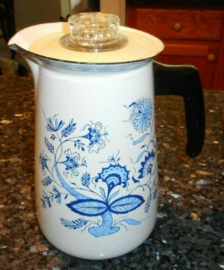 Vintage Blue Onion Enamel Percolator Coffee Pot Stove Top