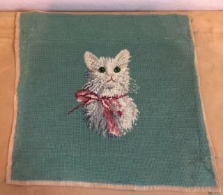 Vintage Needlepoint Embroidery,  Kitty Cat With Bow,  Grey,  Turquoise,  Rose