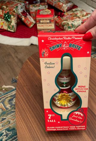 Vintage Christopher Radko Shiny Brite Glass Christmas Tree Finial Topper 7” Mini