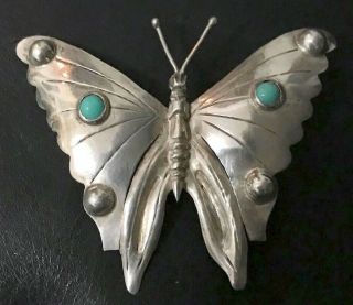 Vintage Signed Mexico Butterfly Sterling Silver Turquoise Brooch Pin