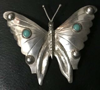 Vintage Signed Mexico Butterfly Sterling Silver Turquoise Brooch Pin 2