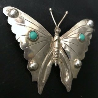 Vintage Signed Mexico Butterfly Sterling Silver Turquoise Brooch Pin 3