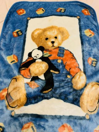 Vintage Blue Jean Overalls Teddy Bear & Panda Blocks Baby Blanket Plush Throw