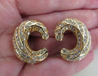Vintage Estate Signed Christian Dior Gold Tone & Rhinestone Pierced Earrings