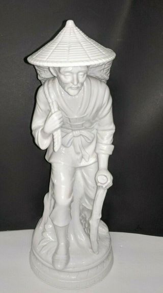 Vintage Asian Man With Hat And Basket White Ceramic Figurine Statue Japan