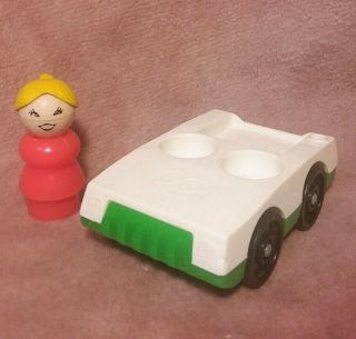 Vintage Fisher - Price Little People Red Woman Figure,  White And Green Car