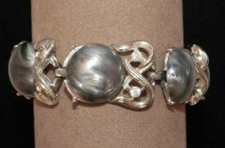 Vintage Coro Frosted Gray Cabochon Silver Tone 7 " Bracelet Clear Rhinestones
