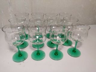 Vintage 1970 Wine Goblets With Clear Ribbed Glass And Green Stem Set Of 12