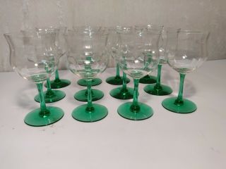 Vintage 1970 Wine Goblets with Clear Ribbed Glass and Green Stem Set of 12 2