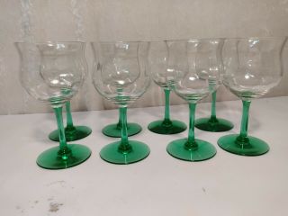 Vintage 1970 Wine Goblets with Clear Ribbed Glass and Green Stem Set of 12 3