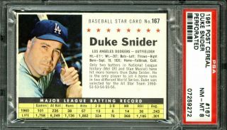 1961 Post Cereal Baseball 167 Duke Snider Dodgers Perforated Psa Nm - Mt 8,  Minty