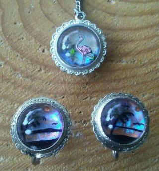 Vintage Flamingo And Palm Trees Necklace And Screw Back Earrings Set.