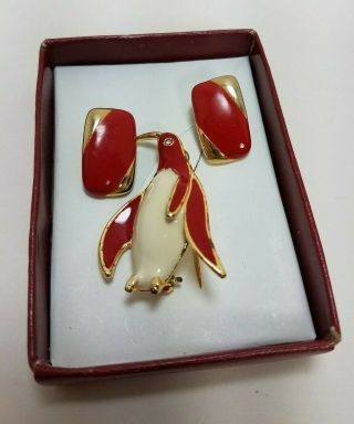 Vintage Red Cream Gold Penguin Brooch Pin With Red Gold Pierced Earrings