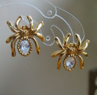 Signed Avon Vintage Rhinestone Pierced Spider Earrings Itsy Bitsy Spider