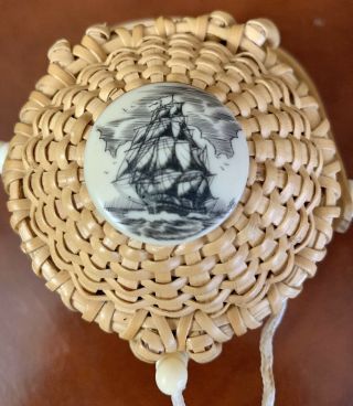 Vintage 4” High Small Nantucket Basket - Scrimshaw Tall Ship Signed L.  Layden 2
