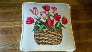 Vintage Needlepoint Pillow.  Floral,  Flowers,  Tulips In A Basket