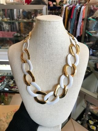Vintage 1970’s Signed Money Costume Gold Tone White Enamel Chain Link Necklace