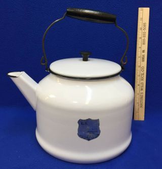 Enamel Tea Kettle Pot White Black Trim Us Standard Handle Vintage 8 " Enamelware