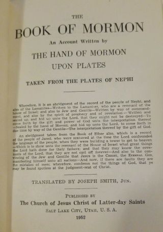 Vintage BOOK OF MORMON Black Angel Moroni Cover,  LDS 1952 3