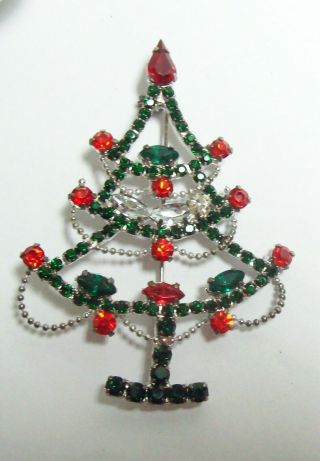 Vintage Rhinestone Red & Green Christmas Tree Pin W/ Tinsel