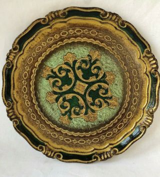 Vintage Italian Florentine Toleware Green Gold Gilt Round Tray Florence Italy 11