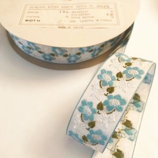 36 Yards Floral Vintage Jacquard Ribbon Trim Blue Flowers Made In Japan